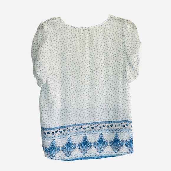 Lucky Brand Blue and White Floral short sleeve Peasant Top size L - Picture 3 of 12